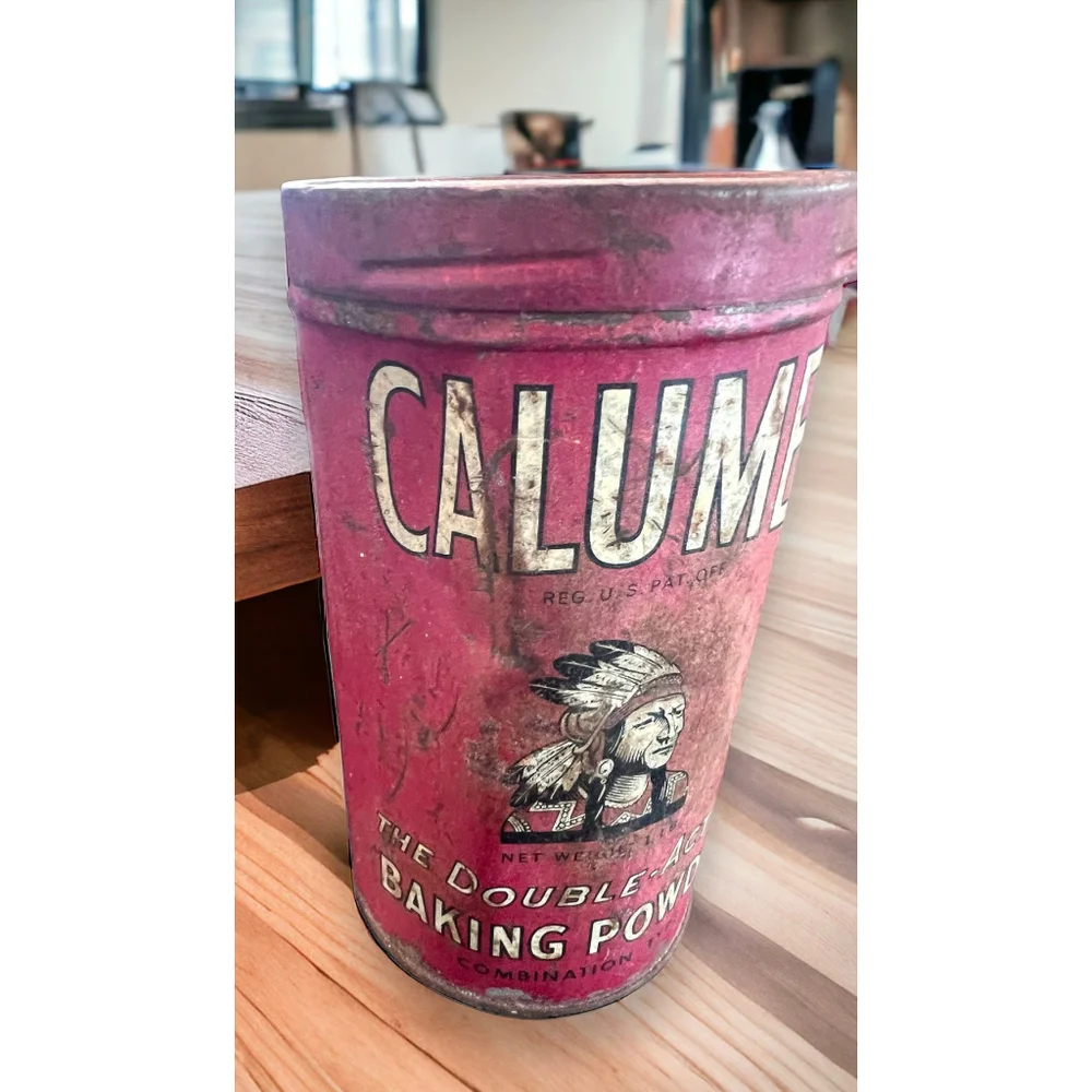 Rare Tin Antique Chippy Advertising Calumet Baking Powder Chippy Red Aged Patina